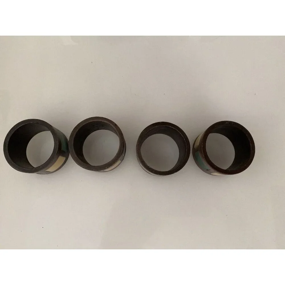Vintage 1980s Pier 1 Napkin Rings Bronze Green Yellow Inlay‎ Set of 4 Retro EUC